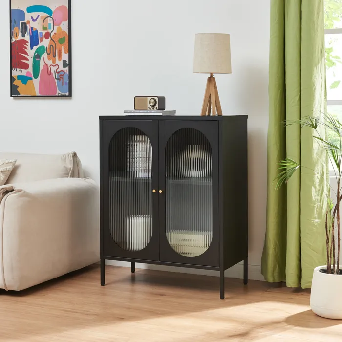 Buffet Karlskrona acier verre 102 x 80 x 40 cm noir en.casa