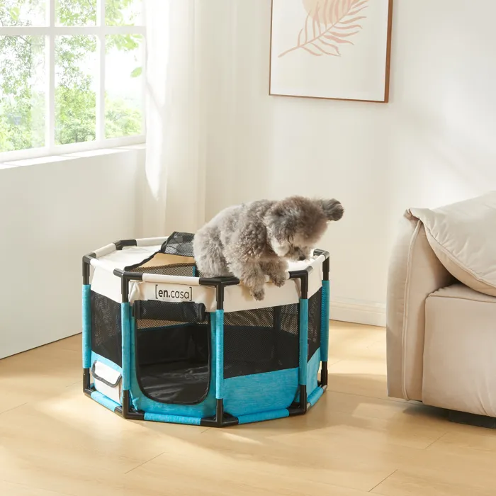 Parc pour chiens Naeroeysund 112 x 112 x 62 cm bleu beige en.casa