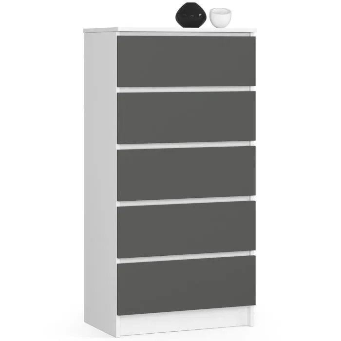 Commode AKORD K60 Blanche 60 cm 5 tiroirs façade Gris Graphite 60x40x121 cm