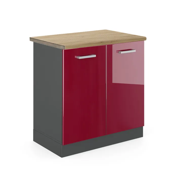 Vicco Meuble bas sous-évier Rouge brillant/Anthracite 80cm plan de travail Chêne doré