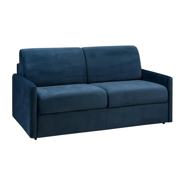 Canapé 3 places convertible express en velours bleu nuit - Couchage à lattes larges 140 cm - Matelas 14 cm CALIFE