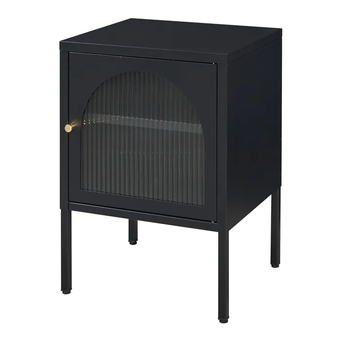 Table de chevet Karlskrona acier verre strié 60 x 43 x 40 cm noir mat en.casa
