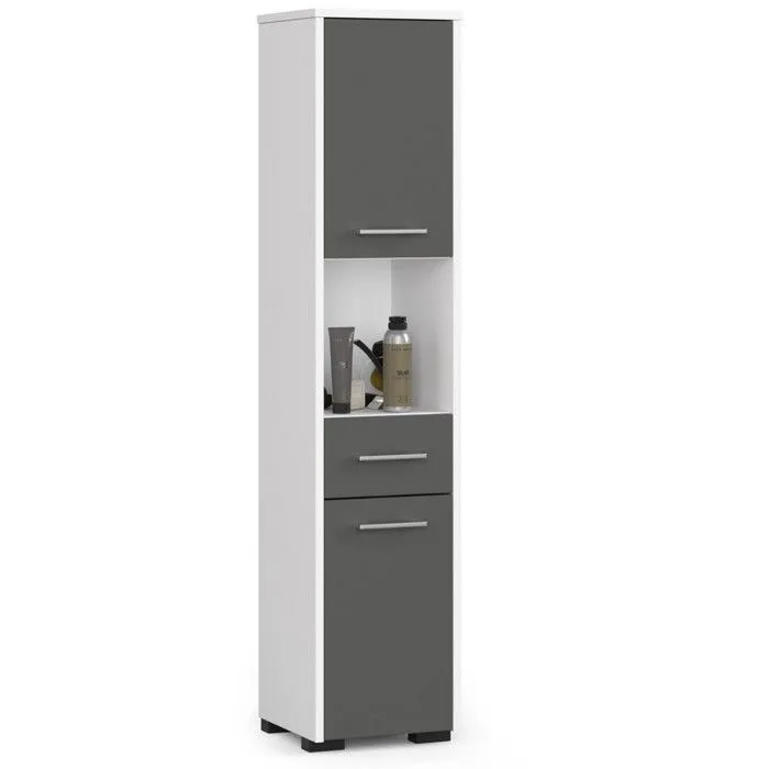 Colonne Salle De Bains Akord Fin Blanche 30 Cm 2 Portes 1 Tiroir Façade Gris Graphite 5 Étagères 30x30x140 Cm