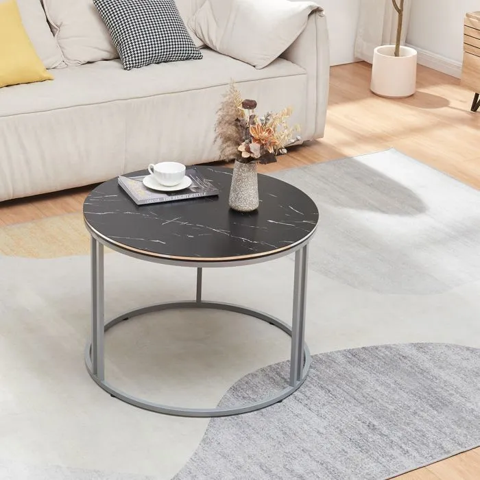 Table basse Aulum ronde 50 x 70 cm marbre noir argent en.casa