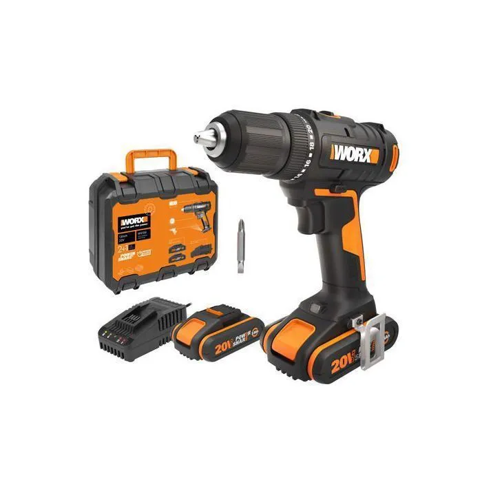 Perceuse-visseuse 20V WORX - WX108 (couple max 45 Nm, mandrin13 mm, 2 vitesses variables, compacte, 2 batteries 2Ah + chargeur)