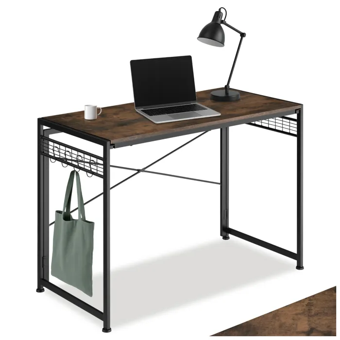 Bureau Style Industriel Pliable Avec Grilles Et 8 Crochets Bois Foncé
