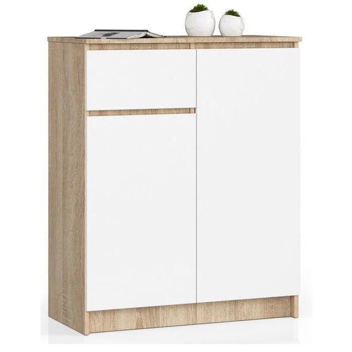 Commode Akord K80 Chêne Sonoma 80 Cm 2 Portes 1 Tiroir Façade Blanche 4 Étagères 80x40x99 Cm