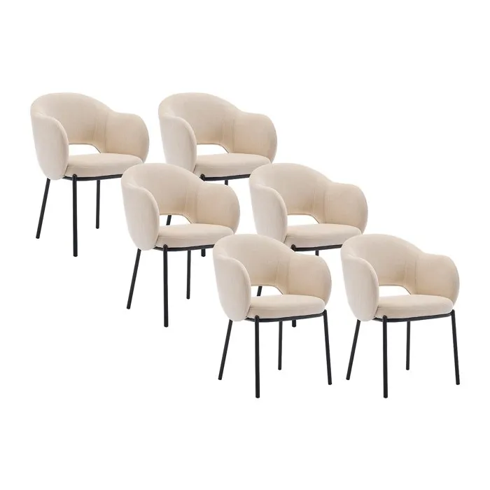Lot de 6 chaises avec accoudoirs en tissu texturé et métal noir - Beige - ACACILIO
