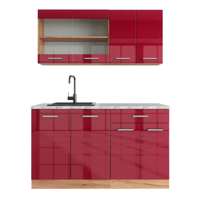 Vicco Cuisine Rouge brillant/Chêne doré 140cm, PT Marbre