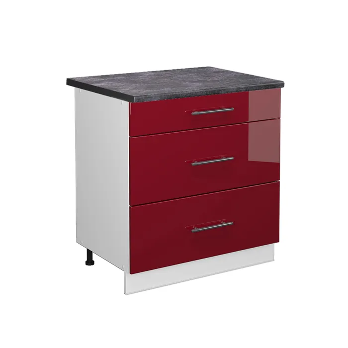 Vicco Meuble cuisine Rouge bordeaux Haute brillance 80cm avec 3 tiroirs, PT Anthracite