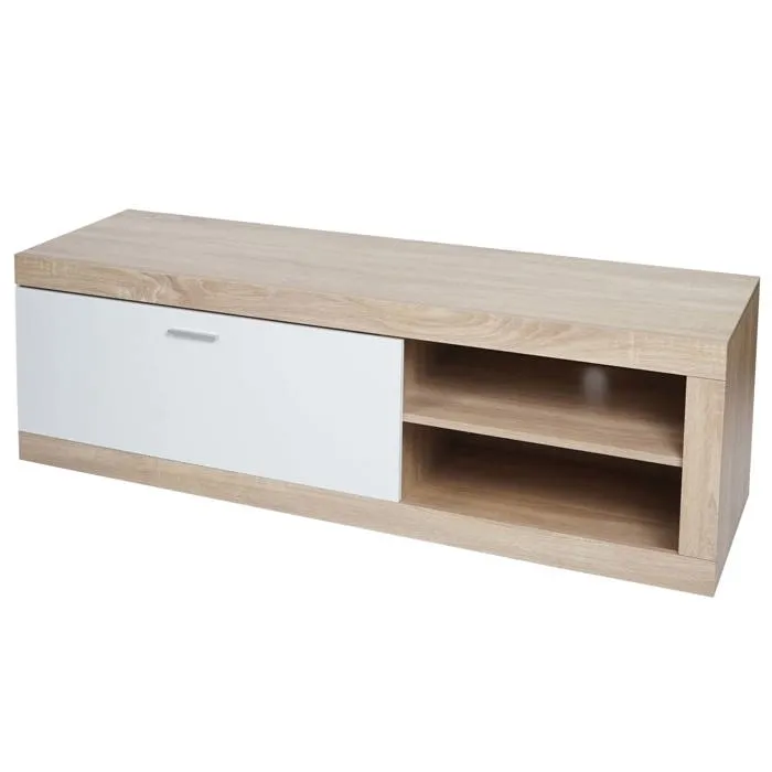 Meuble Tv Compartiment De Rangement Avec Porte 43x140x41 Cm Mdf Aspect Chêne Blanc 04_0007853