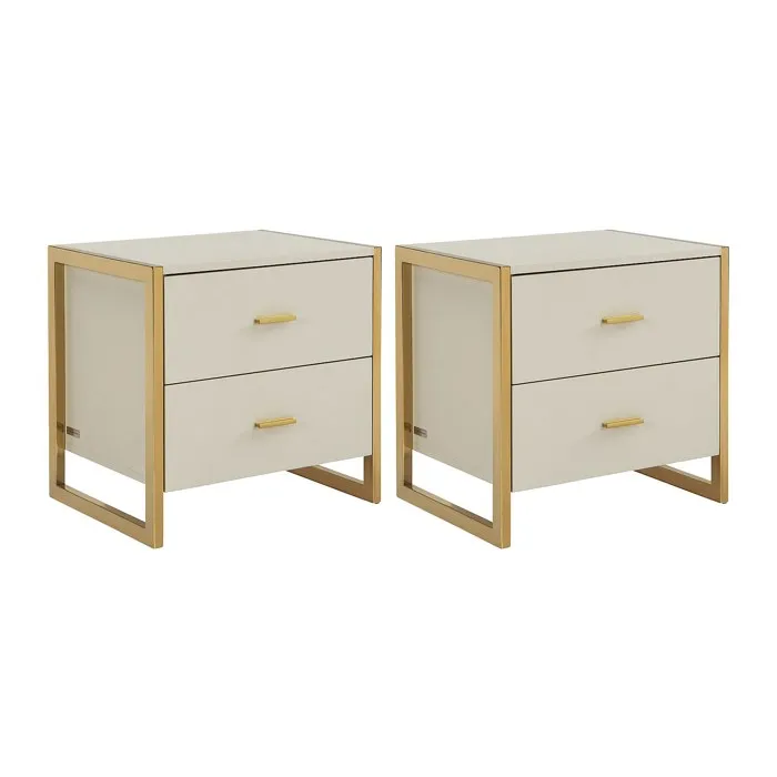 Lot de 2 tables de chevet 2 tiroirs - MDF - Beige et doré - OMBRELIA