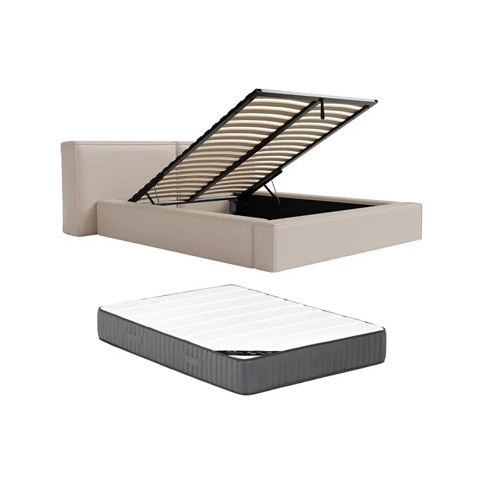 Lit coffre 140 x 190 cm - Tissu - Beige + Matelas - TIMANO