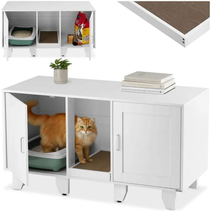 Maison de toilettage pour chat entrées cachées sur les côtés blanc
