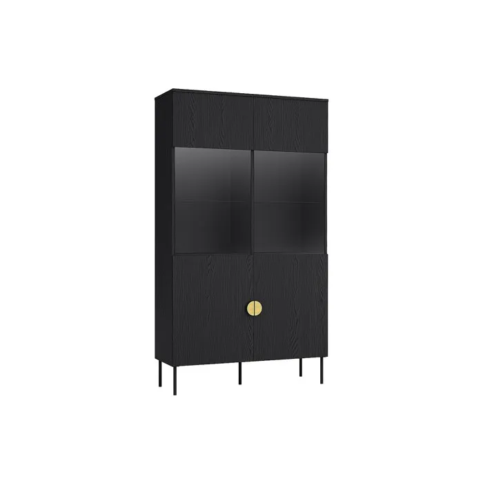 Vitrine 2 portes et 4 niches avec LEDs - Noir et doré - NATANIEL