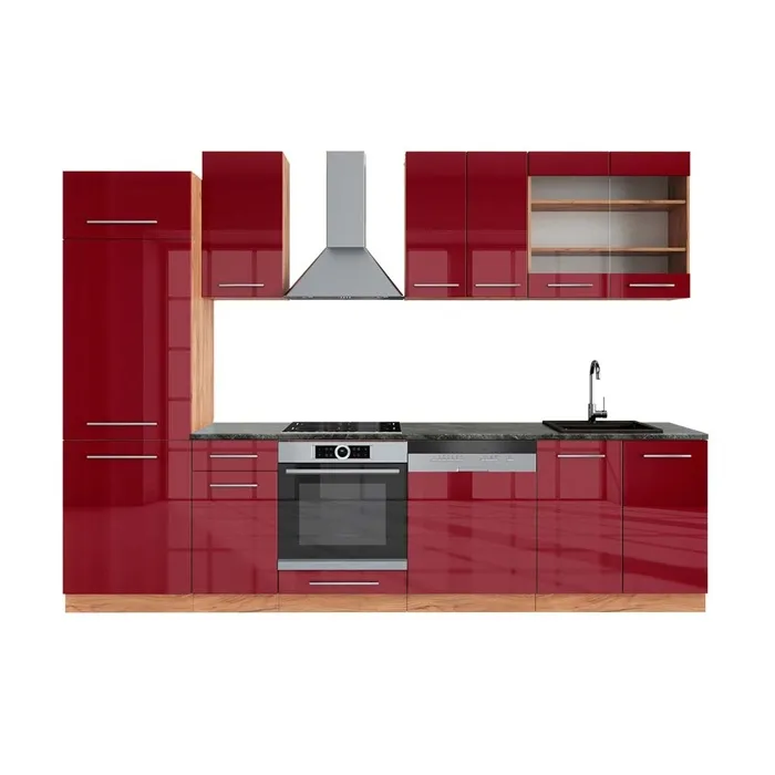 Vicco Cuisine Bordeaux brillant/Chêne doré 300cm, PT Anthracite