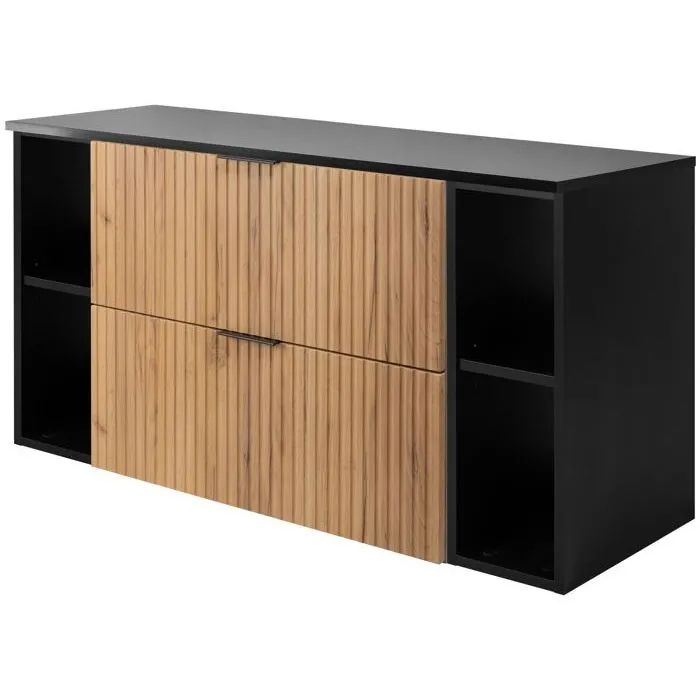Meuble sous vasque FLOW CHÊNE 120 cm avec 2 x l'étagères - extensions et plan NOIR