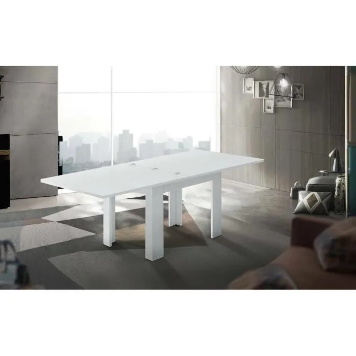 Table Extensible,effet Bois,blanc Brillant,90x90h75 Cm