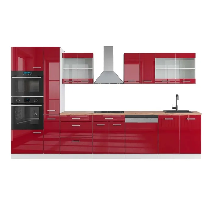 Vicco Ligne de cuisine rouge brillant/blanc 350cm avec armoire haute, PT Chêne