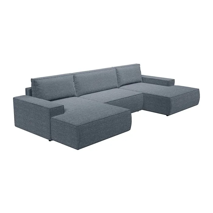 Grand canapé d'angle panoramique convertible en tissu texturé bleu AMELIA
