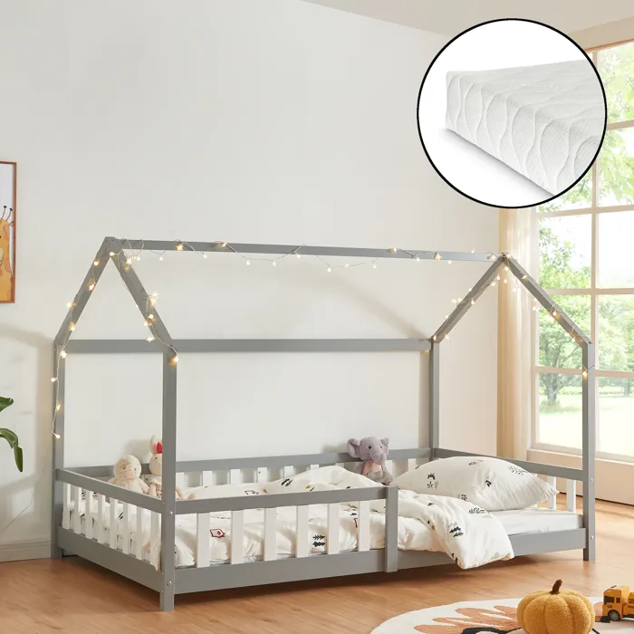Lit cabane Hesel avec matelas à mousse froid 120 x 200 cm gris en.casa