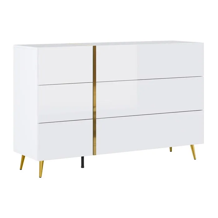 Commode 6 tiroirs - Blanc brillant et doré - MARZIALO