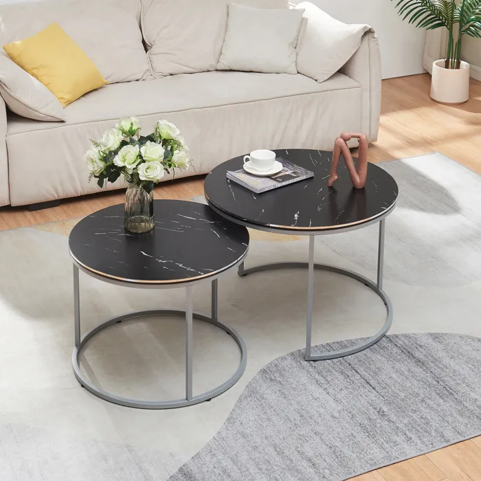 Set de 2 tables d'appoint Skagen rondes gigognes marbre noir argent en.casa