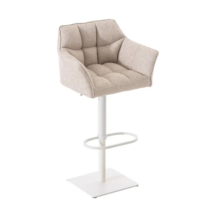 Tabouret De Bar Chaise Haute De Comptoir Couture Carrées Assise En Tissu Crème Cadre 10_0004753