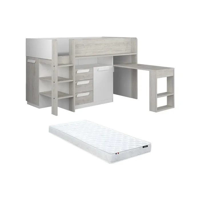 Lit combiné 90 x 200 cm - Avec bureau et rangements - Blanc et naturel + Matelas - LOUKALA