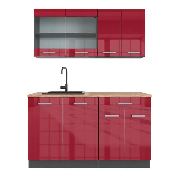 Vicco Cuisine Rouge brillant/Anthracite 140cm, PT Chêne