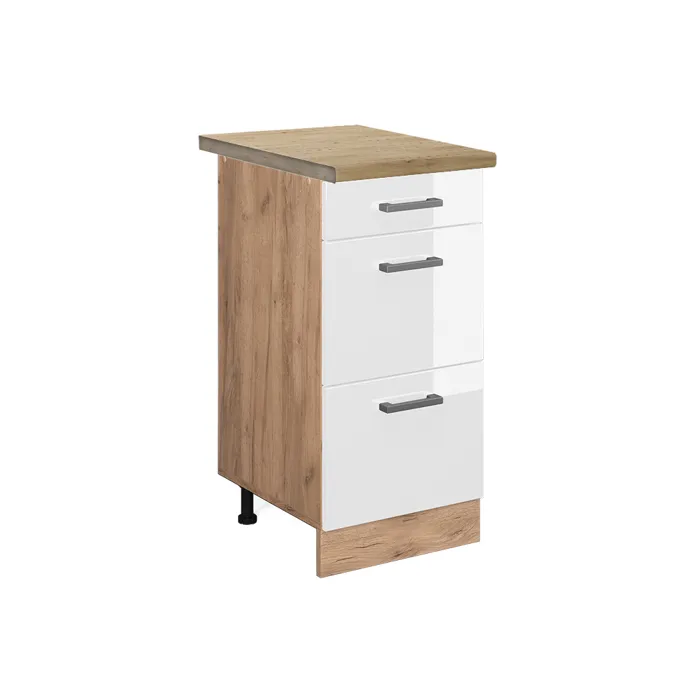 Vicco Meuble cuisine Blanc Haute brillance/Chêne doré 40cm avec tiroirs plan de travail Chêne doré