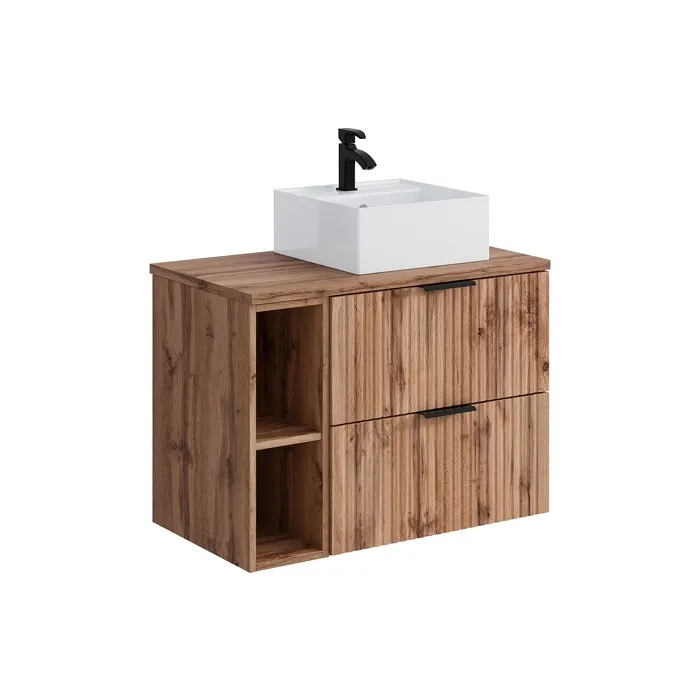 Meuble de salle de bain suspendu strié avec niches et vasque à poser carrée - Naturel clair - L80 cm - ZEVARA