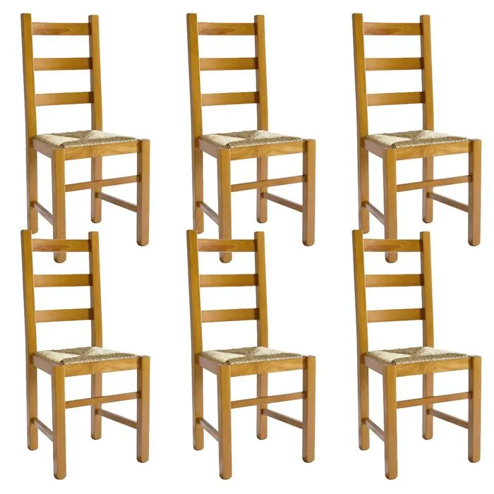 Orta - Lot De 6 Chaises Teinté Chêne Et Assises En Paille