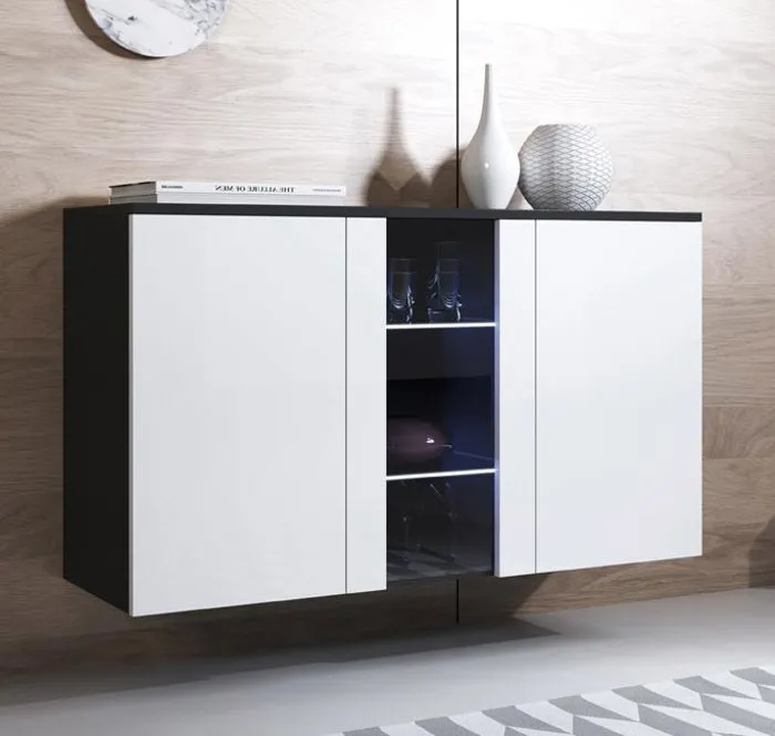 Lettiemobili - Buffet De Salon Bas 3 Portes 2 Étagères Vitrine Avec Led 120x70x40cm Meuble Suspendu Modèle Luke A1 Couleur Noir Et Blanc Finition Brillante