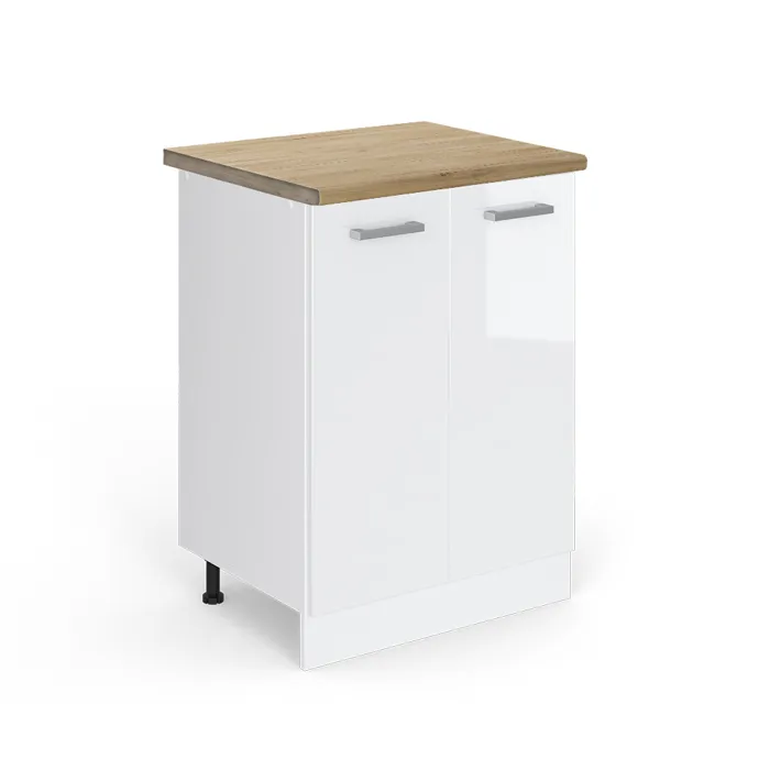 Vicco Meuble bas de cuisine Blanc Haute brillance/Blanc 60cm plan de travail Chêne doré