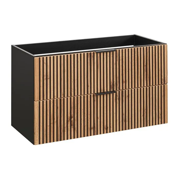 Meuble sous vasque suspendu strié - Naturel clair et noir - 80 cm - MADELA