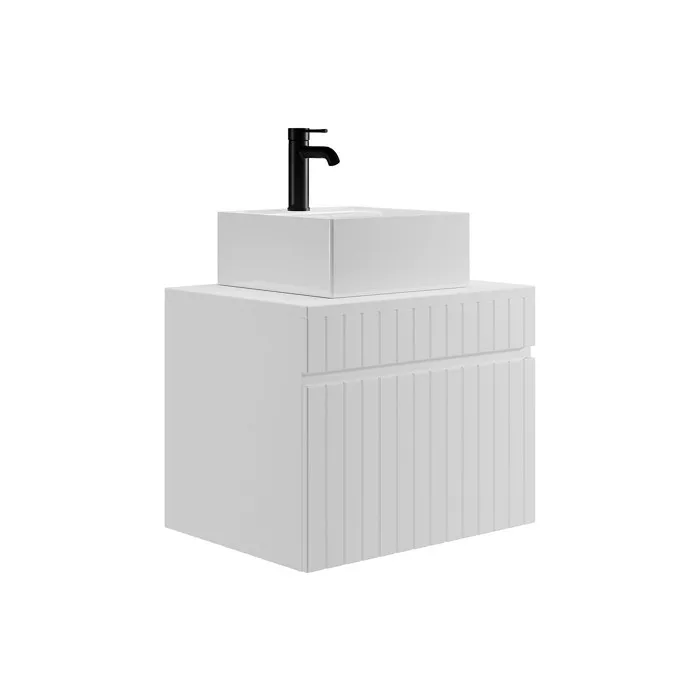 Meuble de salle de bain suspendu strié blanc avec vasque carrée à poser - 60 cm - SATARA