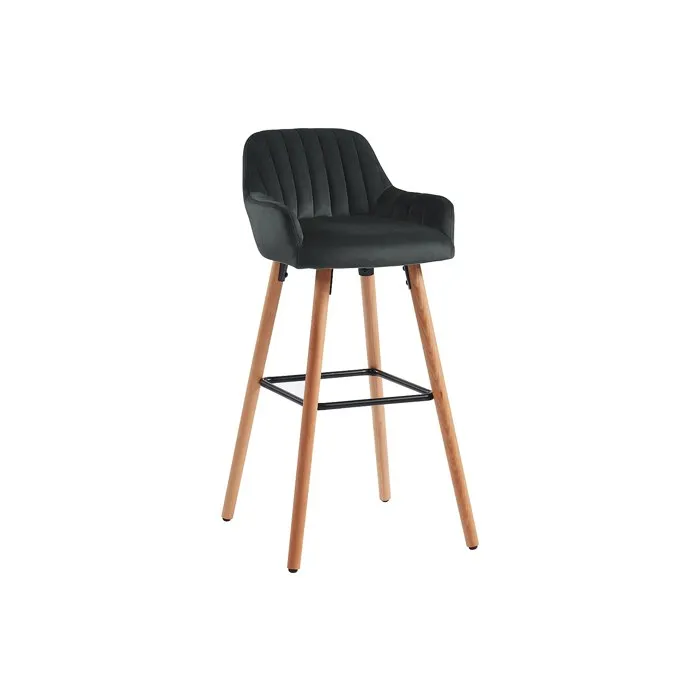 Tabouret de bar en velours et pieds bois de hêtre - Noir - ELEANA