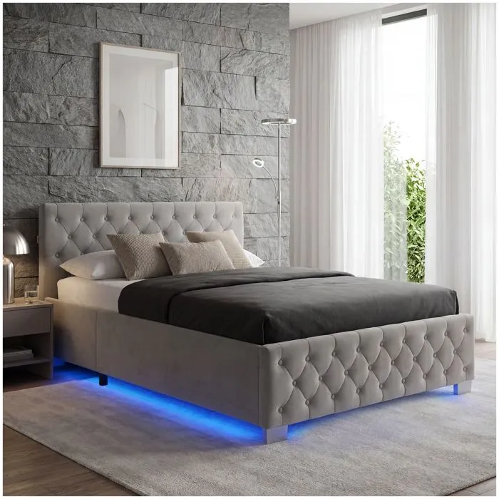 Lit capitonné avec bandes led et espace de rangement 140x200 gris