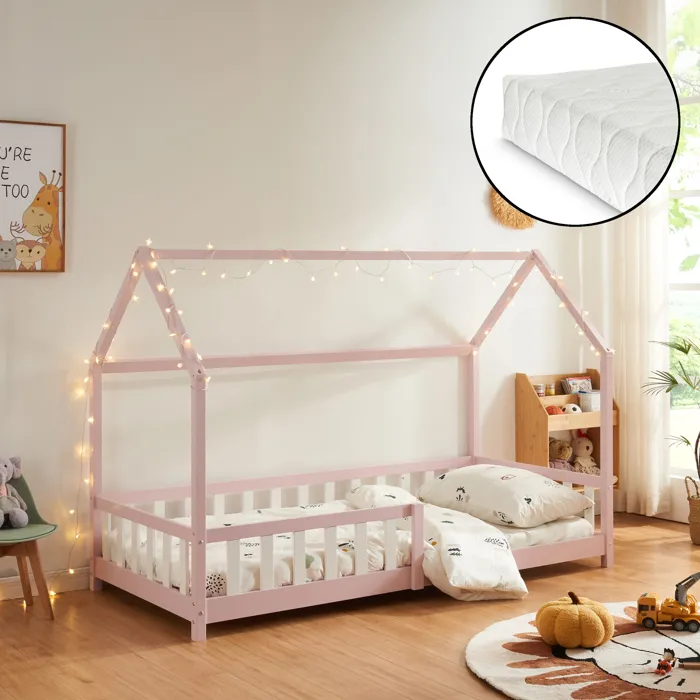 Lit cabane Hesel avec matelas à mousse froid 90 x 200 cm rose en.casa