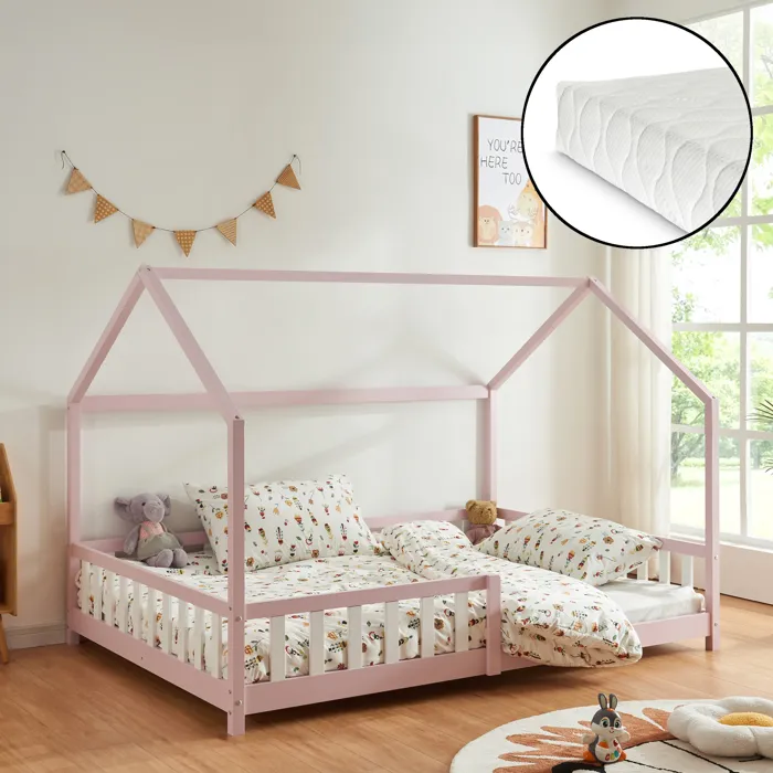 Lit cabane Hesel avec matelas à mousse froid 120 x 200 cm rose en.casa