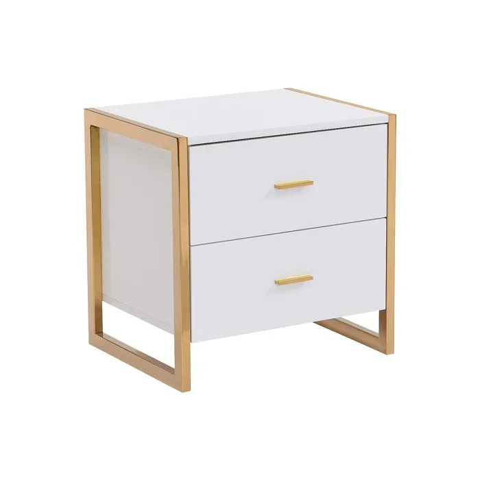 Table de chevet 2 tiroirs - MDF - Blanc laqué et doré - OMBRELIA