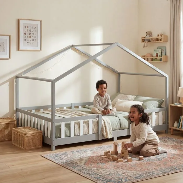 Lit enfant en forme de maison Treviolo avec matelas 120 x 200 cm bois de pin gris clair, blanc en.casa