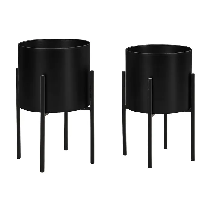 Lot de 2 cache-pots sur pied en métal - D. 25 x H. 39 et D. 23 x H. 35.5 - Noir mat - EDMEE
