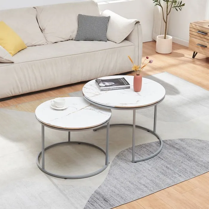 Set de 2 tables d'appoint Skagen rondes gigognes marbre blanc argent en.casa