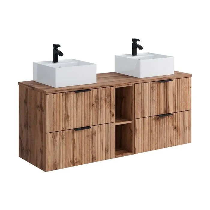 Meuble de salle de bain suspendu strié avec niches et double vasque à poser carrée - Naturel clair - L140 cm - ZEVARA