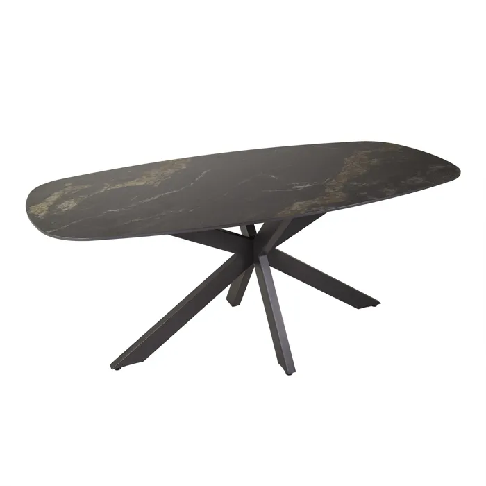 Edena - Table À Manger Ovale En Céramique Noir Et Doré Piètement En Acier Noir