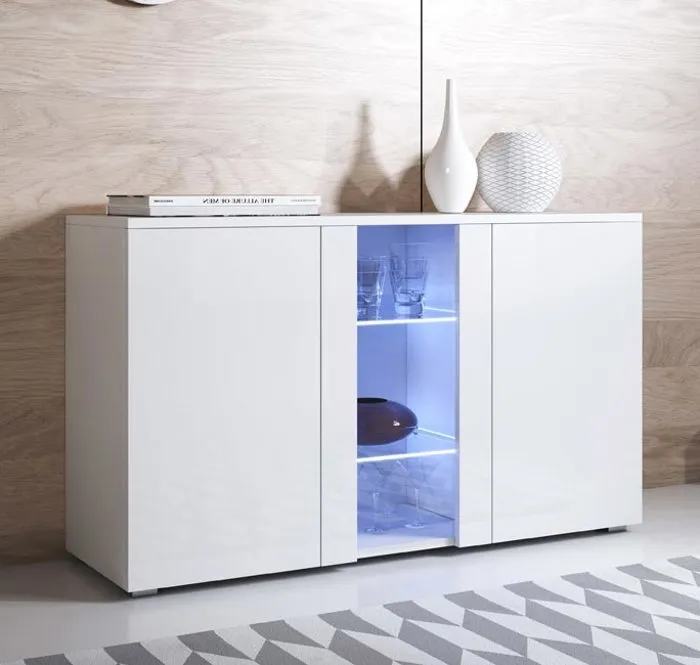 Buffet De Salon Bas 3 Portes 2 Étagères Vitrine Avec Led 120x72x40cm Meuble Avec Pieds 2cm Modèle Luke A1 Couleur Blanc Finition Brillante