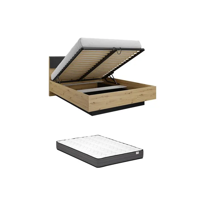 Lit coffre avec chevets 160 x 200 cm - Avec LEDs - Coloris: Naturel et noir + Matelas - ARIADA