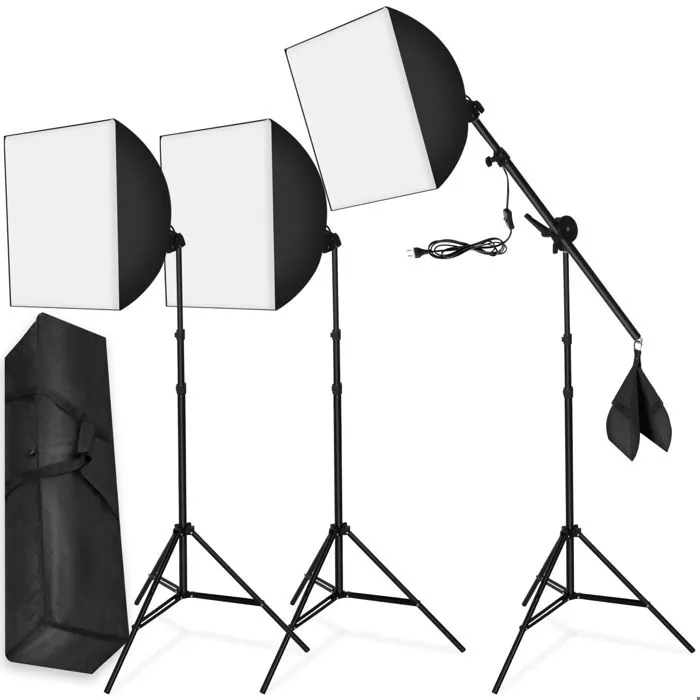 Kit de studio photo avec trépieds en aluminium extensible, avec des boîtes à lumière noir